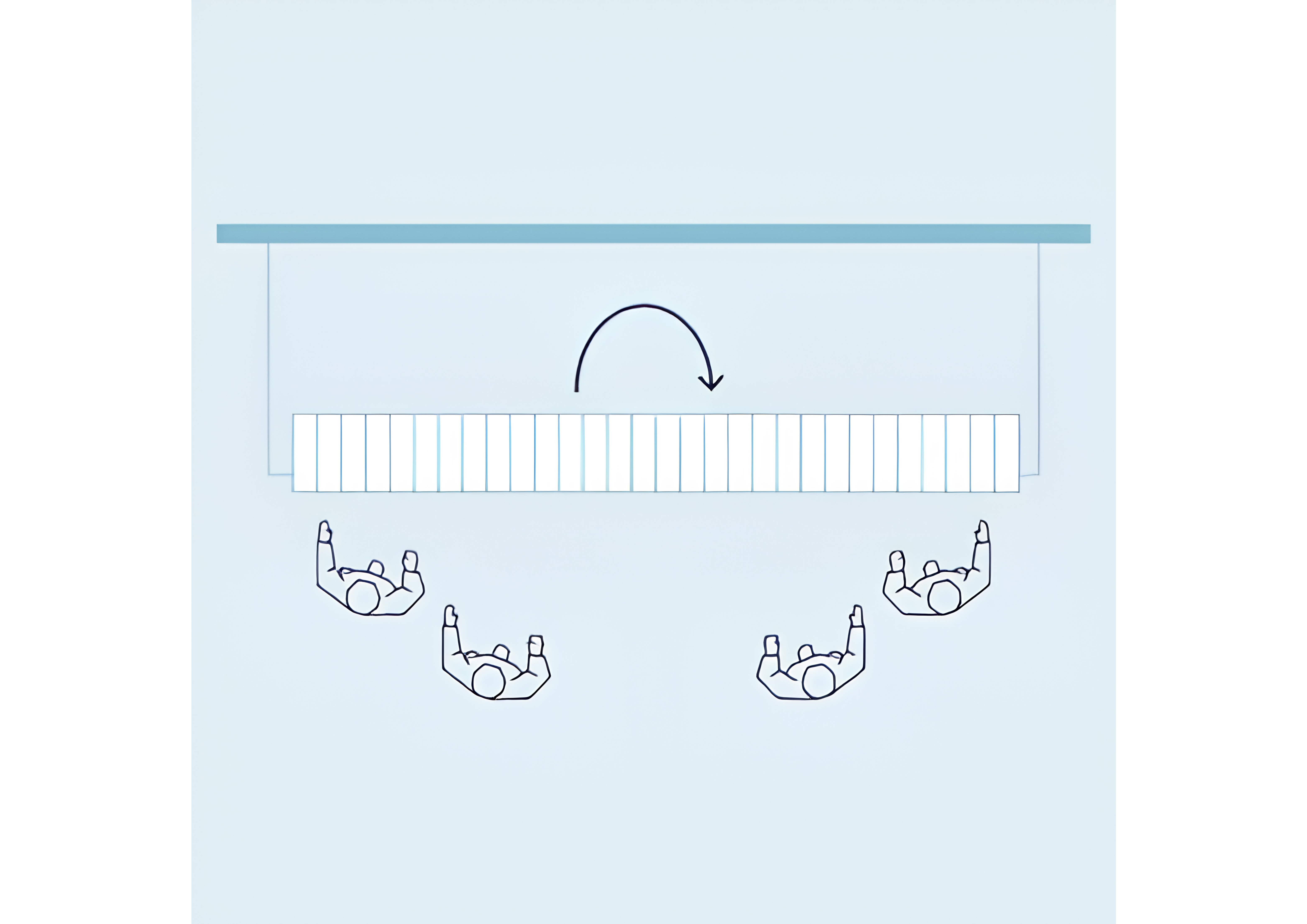 Rear delivery ironer layout diagram — top-down view showing linen exiting to the rear with operator positions at the front